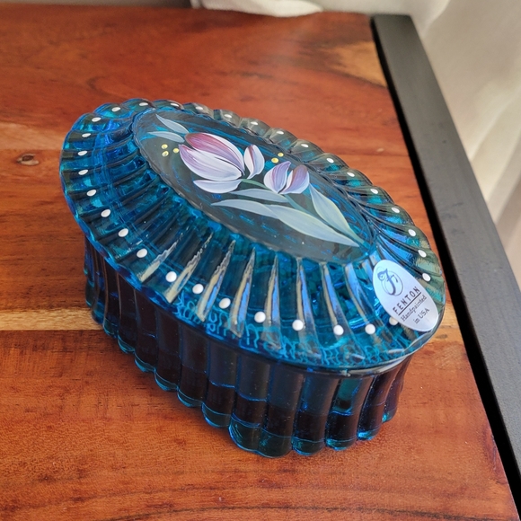 Fenton Other - Vintage Fenton Art Glass USA Oval Turquoise Blue Color Hand Painted Floral RARE